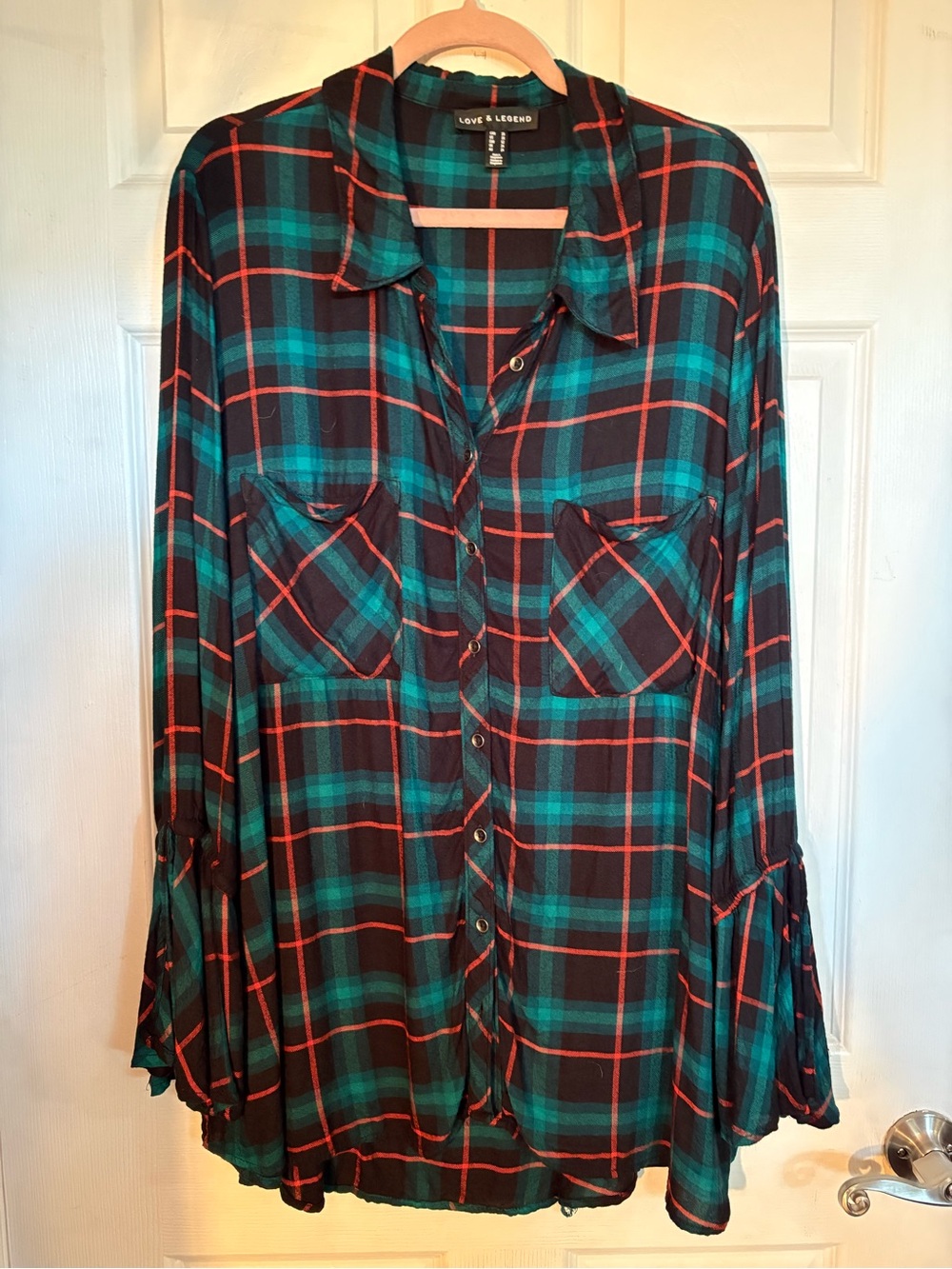 Love & Legend Teal, Black & Red Plaid Button-Down Shirt